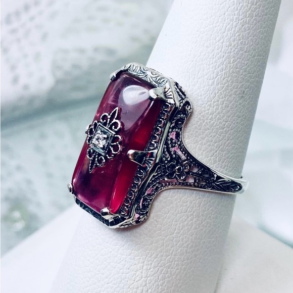 Sterling Silver Antique Style Pink Glass Ring - Picture 1 of 7